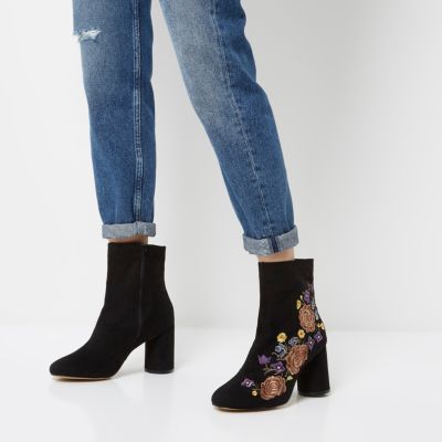 Black embroidered floral ankle boots
